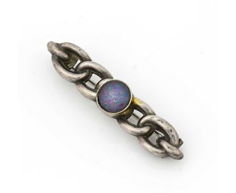 An Arts and Crafts silver and opal bar brooch, Adie and Lovekin, Birmingham 1916, in the form of a heavy link chain set with 