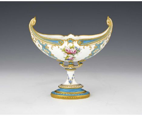 R Bennett for Royal Crown Derby, a rose painted pedestal bowl, boat form with scroll handles, floral bouquets to each side, w
