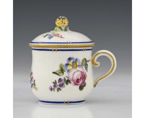 A Sevres porcelain custard cup (pot a jus), 1770, baluster form with scroll handle, underglaze blue line with gilt detailing,