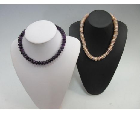 An amethyst bead necklace and a cultured disc pearl necklace, the first of approximately 11mm diameter amethyst rondelles to 