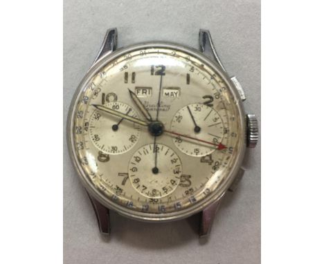 Breitling - A gentleman's 'Datora' chronograph steel watch head, circa 1945, the circular signed cream coloured dial with Ara