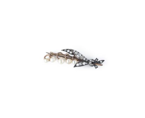 A late 19th century diamond and pearl lily of the valley spray brooch, the single stem with a graduated line of five pearl fl