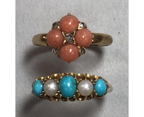 A coral and diamond quatrefoil ring together with a turquoise and pearl five stone ring, the first with four round cabochon c