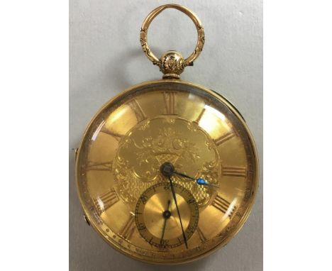 An unsigned 18ct gold open faced pocket watch and a silver open faced chronograph pocket watch, the first with gilt floral di