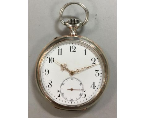 IWC - A continental open faced pocket watch, the unsigned white enamel dial with black Arabic numerals, gold coloured fretwor