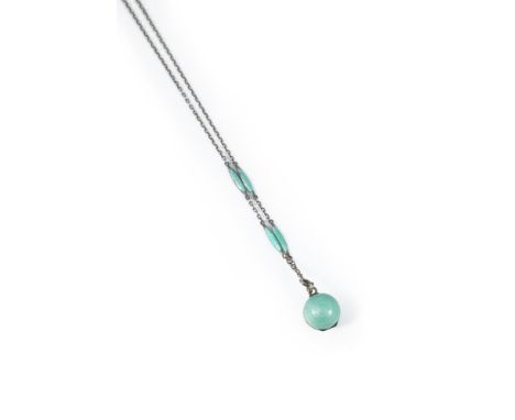 An enamel ball locket and chain, the trace link chain punctuated by four slim lozenges of pale green guilloché enamel, and su