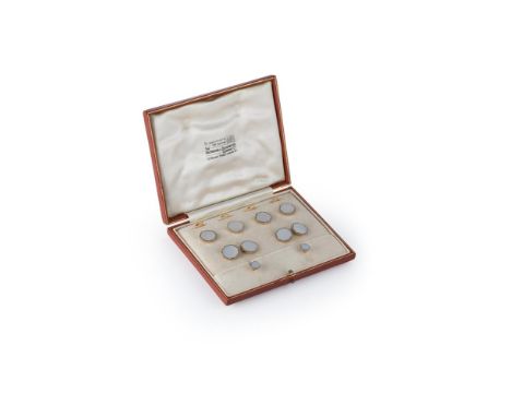 A 1930s complete and cased gentleman's mother-of-pearl dress set, the double-ended cufflinks, four shirt studs and two collar