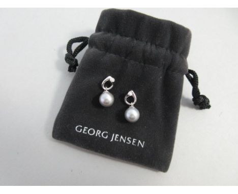 A pair of cultured grey pearl and diamond earpendants by Georg Jensen, each with an 8.2mm grey pearl freely suspended from a 