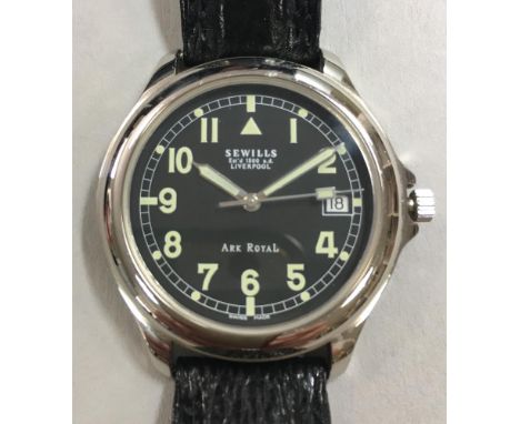 Sewills - A gentleman's 'Ark Royal' military style steel wristwatch, the circular signed black dial with luminous Arabic nume