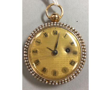 An unsigned continental open faced pocket watch, the gilt engine turned dial with black Roman numerals, blued hands and key w