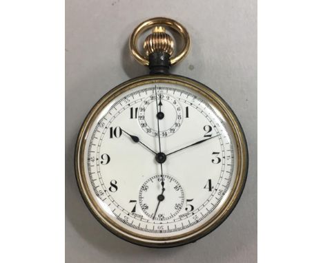 An unsigned continental open faced chronograph pocket watch, the white enamel dial with black Arabic numerals, blued hands, s