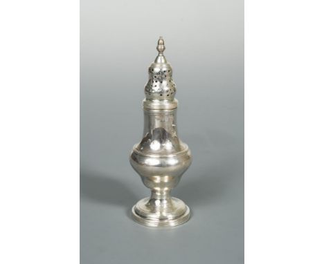 A George III silver caster, possibly by James Mince, London 1793, of plain baluster form with reeded edge and girdle, the pie