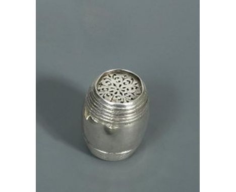 A Victorian silver barrel shaped novelty pepper caster by Charles Thomas Fox and George Fox, London 1856, the partially ribbe