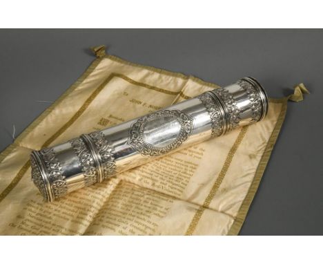 A Victorian Indian silver presentation tube by Hamilton & Co, sponsor marked and with Indian silver marks, decorated with app
