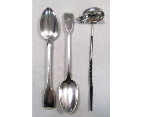 A pair of George IV silver basting spoons and a punch ladle, the 'Fiddle' pattern spoons by William Chawner, London 1835, 30c