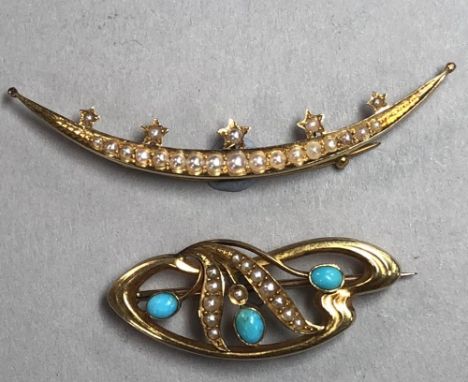 A late 19th century seed pearl crescent brooch and an Art Nouveau turquoise and seed pearl brooch, the first an open crescent