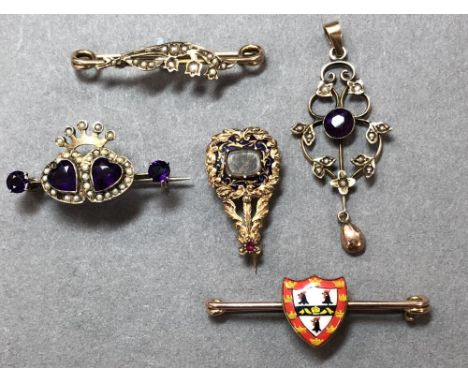 A Victorian double heart amethyst and seed pearl brooch, together with a small collection of other pins and a pendant, the fi