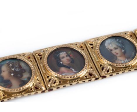 A 20th century painted plaque bracelet by Ferdinando Trainotti of Verona, comprising seven rectangular panel links each conta