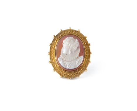 A hardstone cameo brooch in a fine ornate mount, in the style of Castellani, the cameo depicting the profile of a young woman