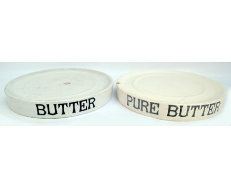 A rare late 19th century cream ware butter stand, inscribed 'Pure Butter' to the rim, diameter 41.5cm and another similar exa