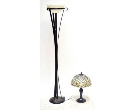 An Art Deco style uplighter with wrought iron support and frosted glass shade, height 174cm and Tiffany style table lamp with