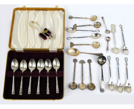 COOPER BROS & SONS LTD; a cased set of six George VI hallmarked silver coffee spoons with matching tongs, Sheffield 1942, hal