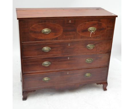 A 19th century mahogany crossbanded Lancashire mule chest, the hinged lid above dummy drawer front with three true long drawe