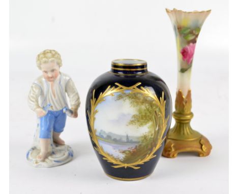 A Royal Worcester square section tapering bud vase, painted with floral sprays on gilt leaf mould decorated base, marked in p