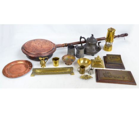 A quantity of metalware including a miner's lamp, copper warming pan, inkwell, coffee pot, etc.