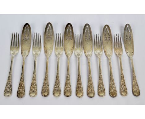 MARTIN, HALL & CO; a set of six Victorian hallmarked silver Venetian pattern fish knives and forks, each initialled W to the 
