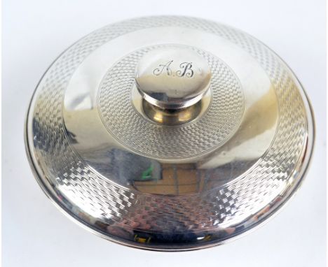 JOSEPH GLOSTER LTD; a George VI hallmarked silver circular powder box, engraved AB to the handle of the detachable engine tur