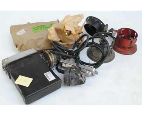 A Ceag Ltd of Barnsley miner's battery cap lamp, three chamber sticks with funnel mounts and a group of unused Duplex No.6 bu