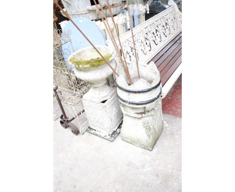 A weathered cream painted garden urn on square section stand, height 71cm, width (at top) 34cm, and a further cream painted s