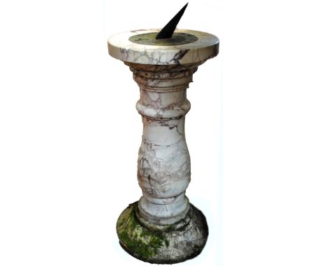 A pink veined white marble sundial raised on circular turned stand, height 102 including gnomon