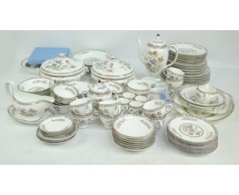 A large quantity of Wedgwood 'Kutani Crane R4464' pattern dinner and tea ware comprising a pair of circular lidded tureens an