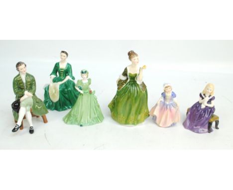 Five Royal Doulton figures; HN1967 'Fleur', HN1678 'Dinky Do', HN2227 'A Gentleman from Williamsburg', HN2228' A Lady from Wi