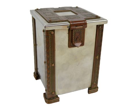 An Arts and Crafts style chromed square section tea caddy with ornamental incised decorated copper bands and hinged lid, heig