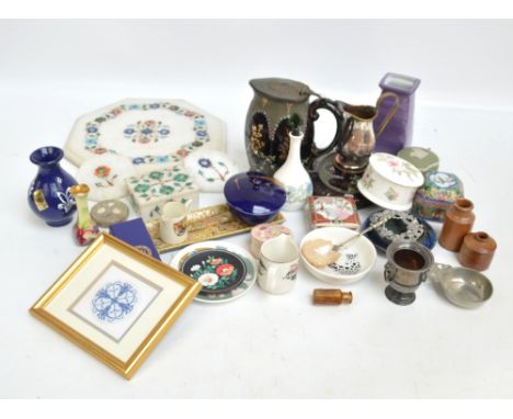 A quantity of collectors' items and ceramics including an Indian octagonal pietra dura tray, diameter, two coasters, and a re