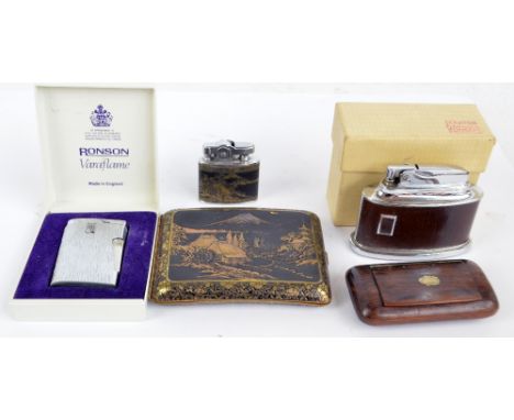 A boxed Ronson Senator lighter with chrome mounts and wooden body, a boxed Ronson Varaflame Comet lighter, a Modernlite autom