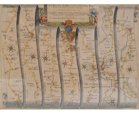 AFTER JOHN OGILBY (1600-1670); a 17th century and later coloured map of The Road From York to West Chester, 35 x 46cm, framed