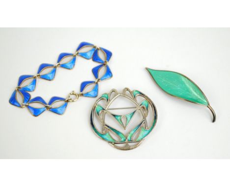 FINN JENSEN; a silver gilt and blue enamel decorated bracelet with stylised square links, Oslo, 1963 onwards, length 19cm, an