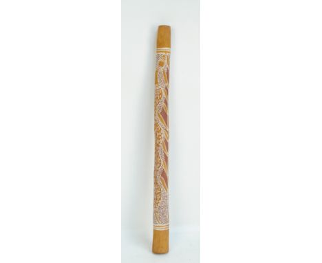 An Australian aboriginal didgeridoo with painted decoration, length 77cm.Purchased from a Methodist Mission by the vendor in 