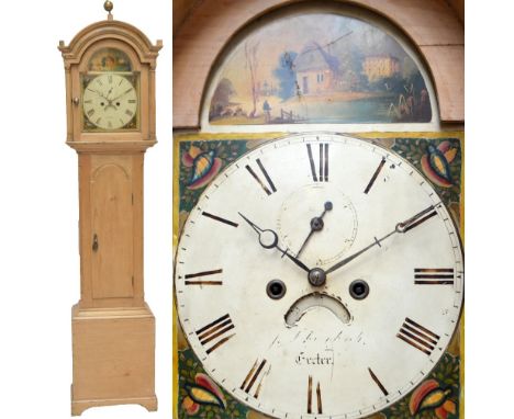 A 19th century pine cased eight day longcase clock, the arched hood with hand painted enamel dial set with Roman numerals, su