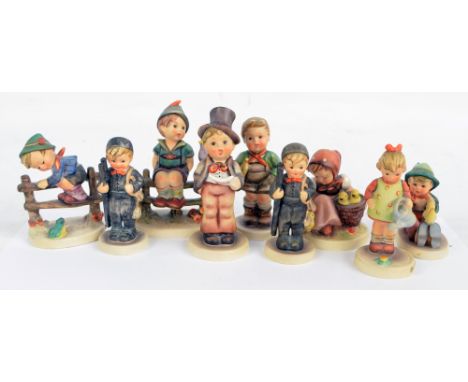 Nine Hummel figures including 2x 'Chimney Sweep', 'Little Gardener', 'Street Singer' and 'Singing Lesson'.
