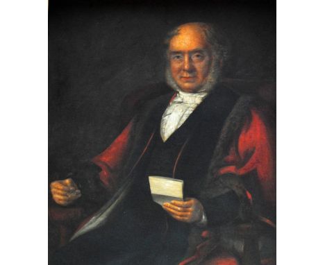 19TH CENTURY ENGLISH SCHOOL; oil on relined canvas, portrait study of a gentleman wearing fur trimmed red jacket and holding 