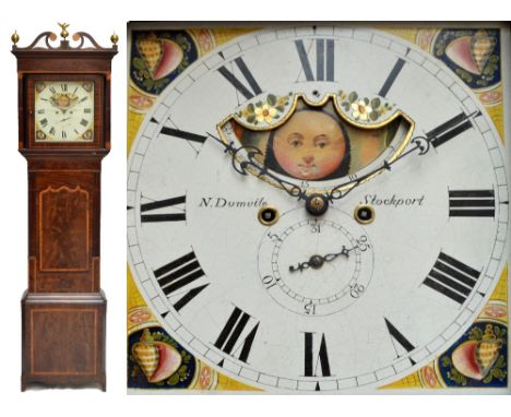 An early to mid-19th century mahogany and satinwood banded longcase clock, the broken swan neck pediment above painted dial i