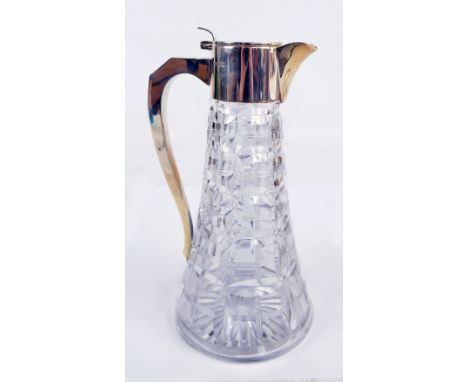 WALKER & HALL; a George V hallmarked silver mounted clear cut glass claret jug of circular tapering form, Sheffield 1923, hei