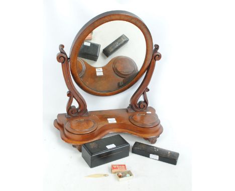 A Victorian mirror and an ebonised cigarette box, an ivorine bookmark, group of marbles and a Japanese lacquered pencil case.
