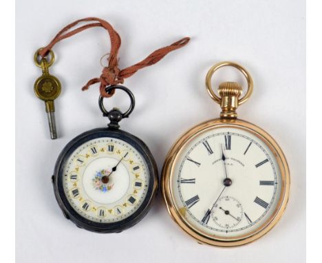 An early 20th century gold plated crown wind open face pocket watch, the white enamel dial set with Roman numerals, and a sil