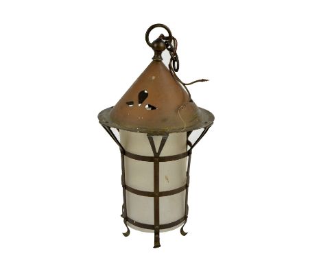 An Arts and Crafts brass cylindrical ceiling lamp with oxidised finish, height 39.5cm including suspension ring.   CONDITION 
